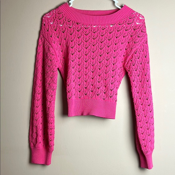 Lulus Sweaters - Lulus Always All Mine Pink Lace-Up Cropped Pointelle Sweater Size Small